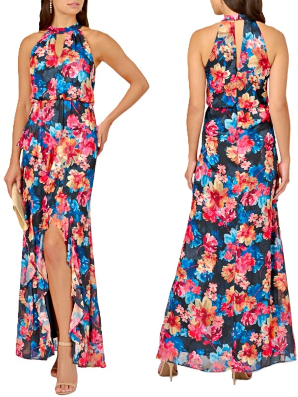 Adrianna Papell Navy Floral Halter Maxi Dress - Picture 3 of 3